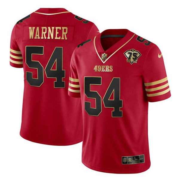 Men's San Francisco 49ers #54 Fred Warner Red Gold With 75th Anniversary Patch Football Stitched Jersey - Click Image to Close